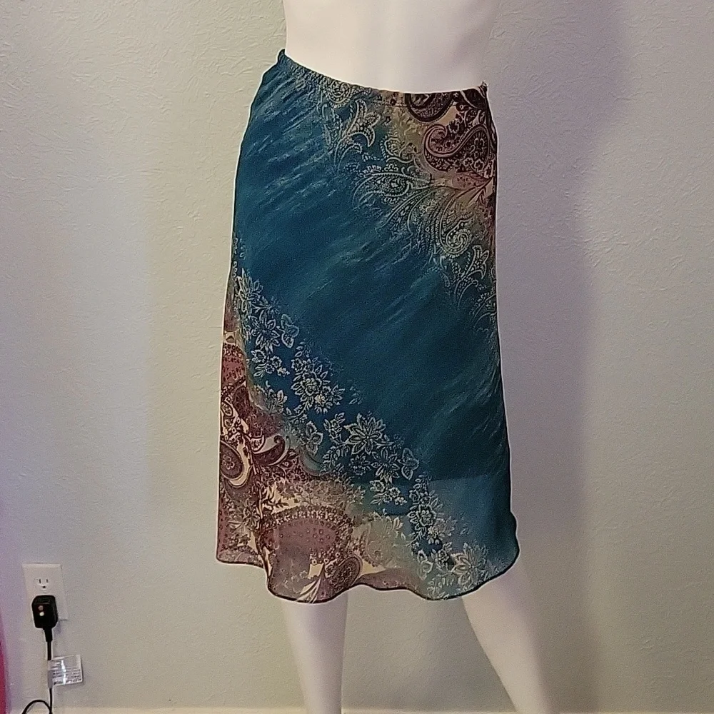 VTG BARANDA Y2k Fairycore Teal Paisley Chiffon Elastic Waist Longline Skirt